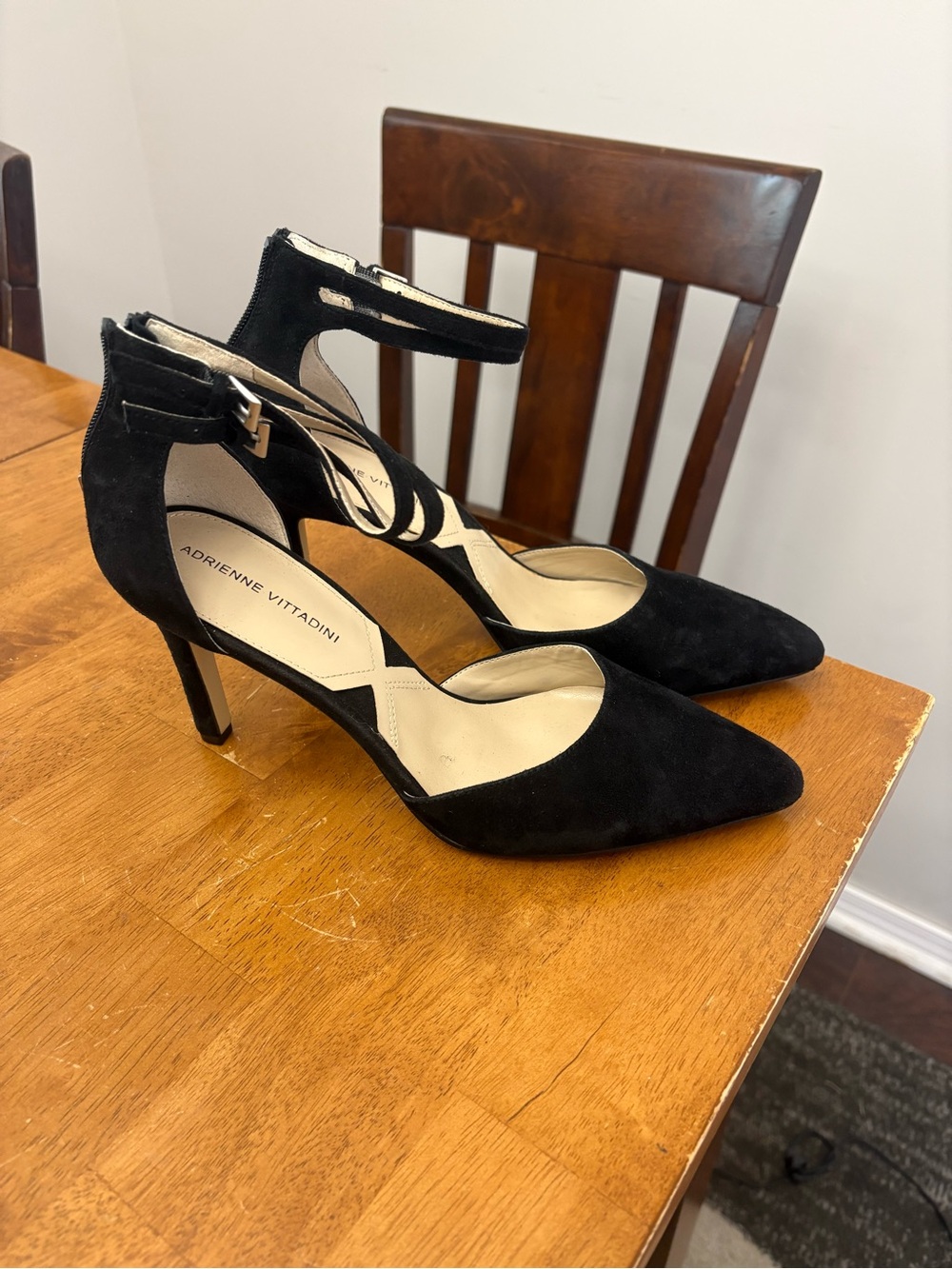 Adrienne Vittadini Black Suede Pointed Toe Ankle-Strap Heels